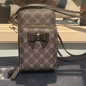 Bow Accent Monogram Crossbody Phone Bag - Brown